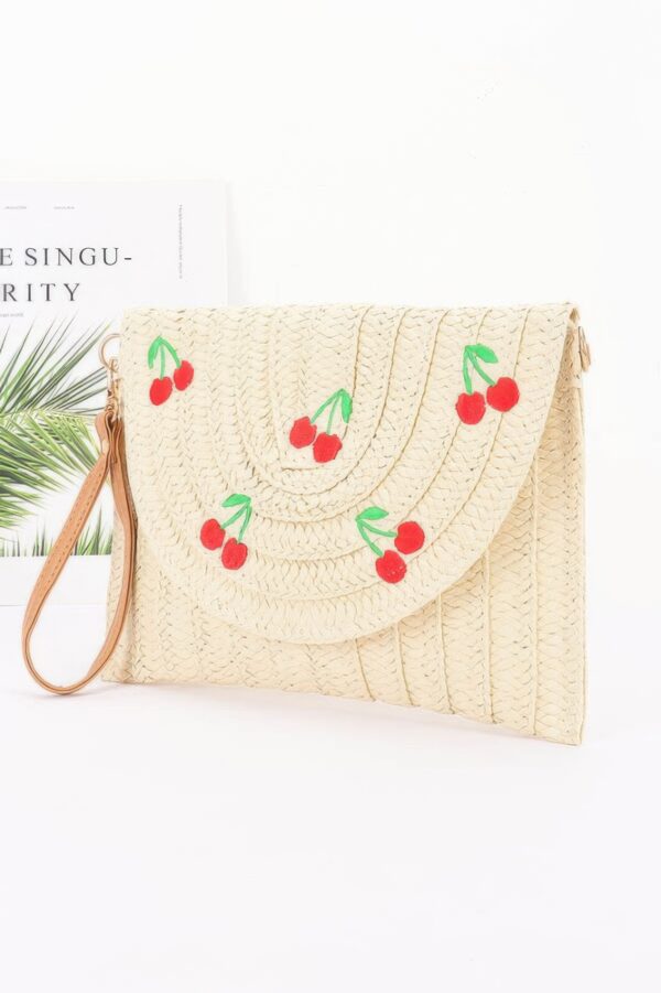 Faux Straw Cherry Clutch with Mixed Metal Accent