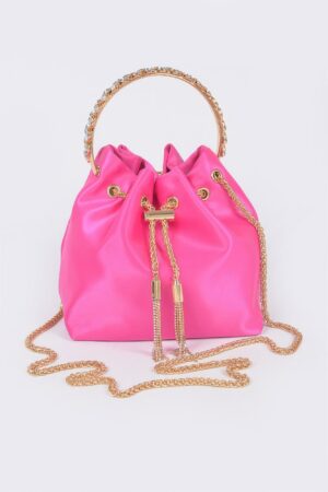 Satin Bucket Bag with Rhinestone Top Handle
