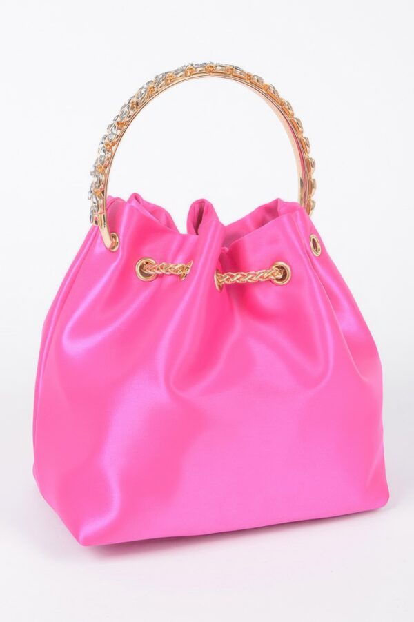 Satin Bucket Bag with Rhinestone Top Handle