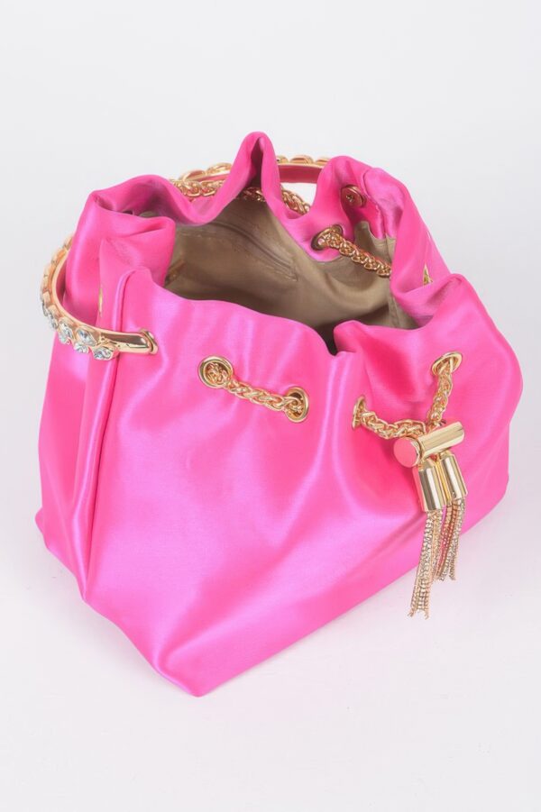 Satin Bucket Bag with Rhinestone Top Handle