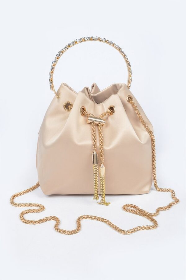 Satin Bucket Bag with Rhinestone Top Handle