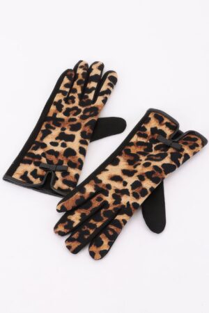 Leopard Knit Gloves with Bow Accent