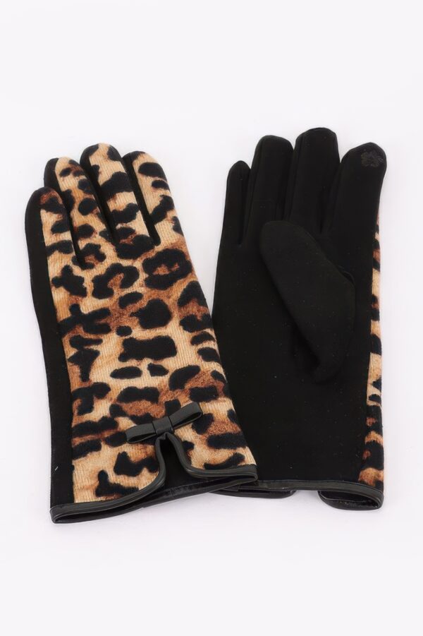 Leopard Knit Gloves with Bow Accent