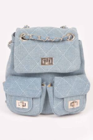 Quilted Denim Backpack with Double Front Pockets