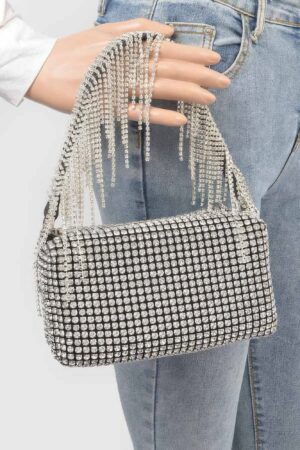 Oversized Rhinestone Fringe Strap Evening Clutch