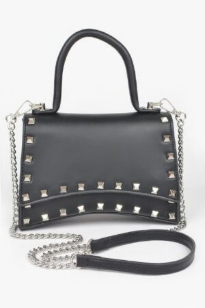 Faux Leather Metallic Studded Top-Handle Clutch