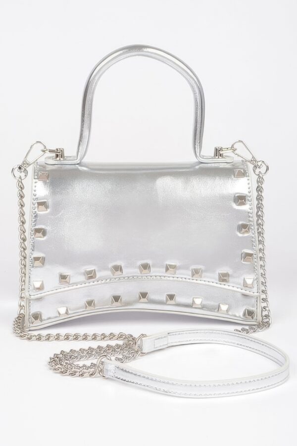 Faux Leather Metallic Studded Top-Handle Clutch