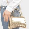 Faux Leather Metallic Studded Top-Handle Clutch