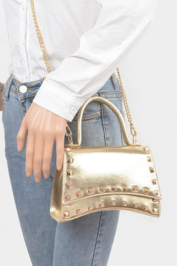 Faux Leather Metallic Studded Top-Handle Clutch