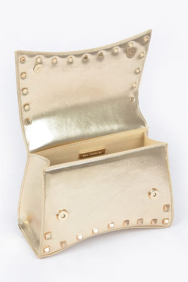 Faux Leather Metallic Studded Top-Handle Clutch