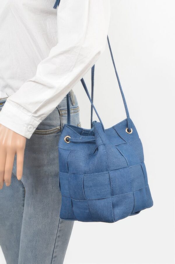 Braided Denim Bucket Bag with Mixed Metal Accents