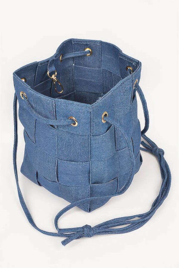 Braided Denim Bucket Bag with Mixed Metal Accents