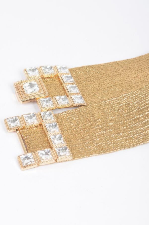 Elastic Faux Straw Belt with Stone Buckle
