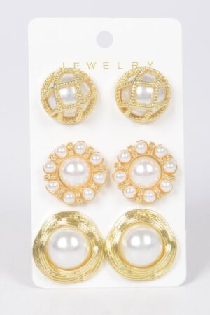 Faux Pearl Metal 3-Piece Stud Earring Set