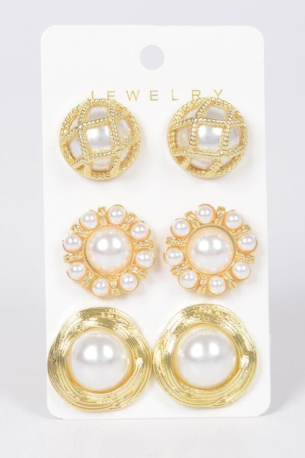 Faux Pearl Metal 3-Piece Stud Earring Set