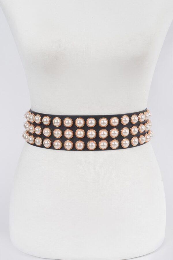 Pearl-Embellished Waist Belt – Glossy PVC/PU