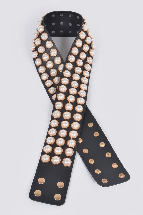 Pearl-Embellished Waist Belt – Glossy PVC/PU