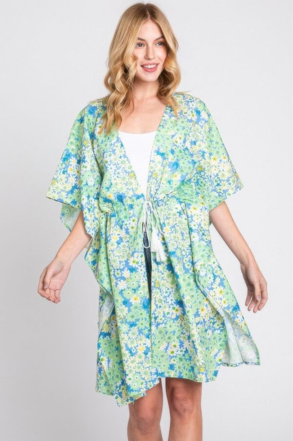 Floral Drawstring Open-Front Cover-Up Kimono