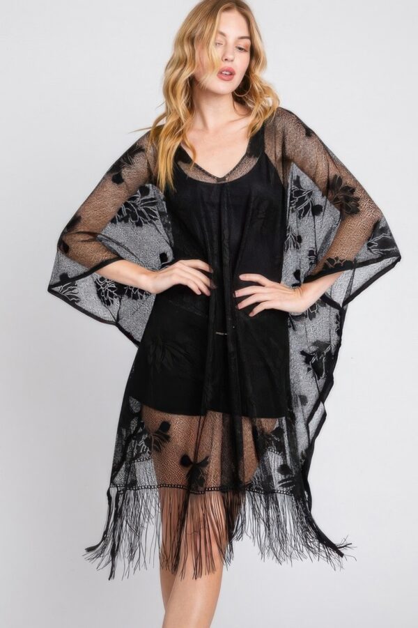 Floral Lace Poncho with Tassel Trim