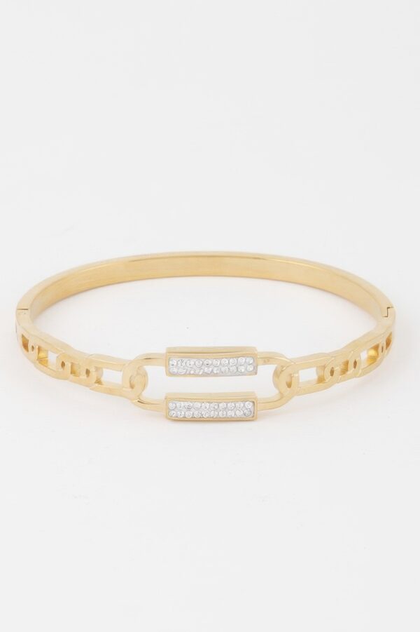 Curb Chain Bracelet with Jeweled Clasp – Polished Metallic