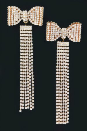 Rhinestone Bow Fringe Drop Earrings – Metallic Shine