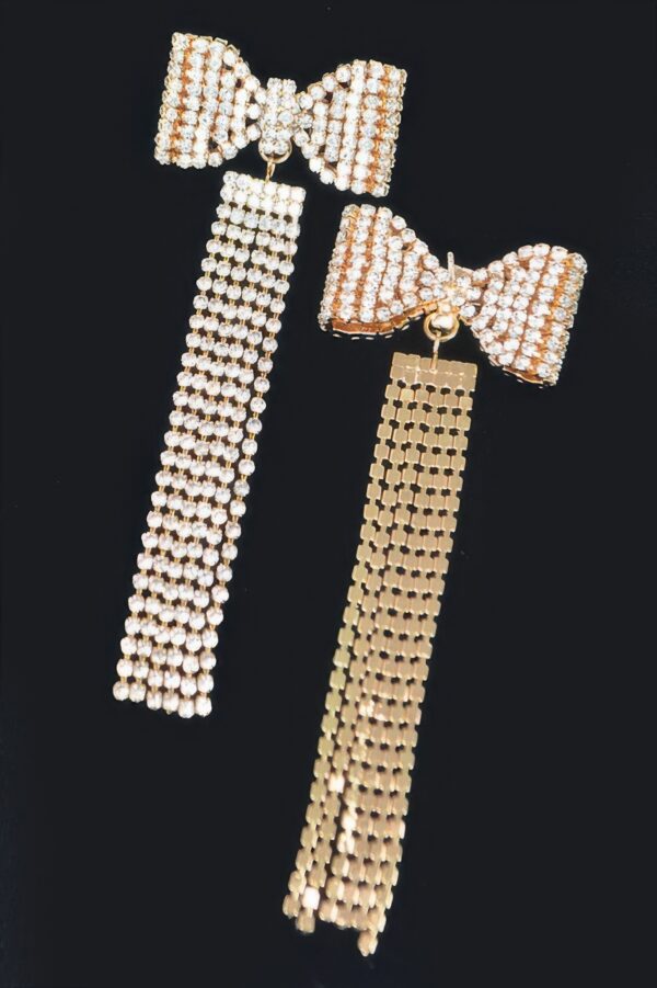Rhinestone Bow Fringe Drop Earrings – Metallic Shine
