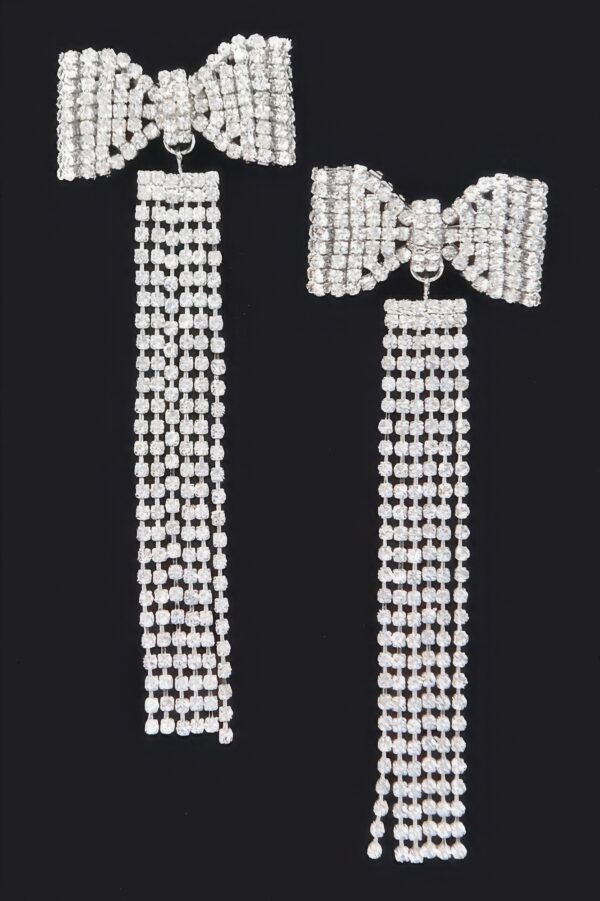 Rhinestone Bow Fringe Drop Earrings – Metallic Shine