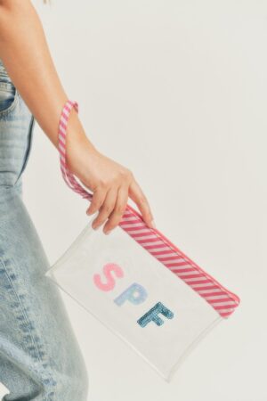 Clear Cosmetic Pouch with Sequin SPF Lettering & Wrist Strap