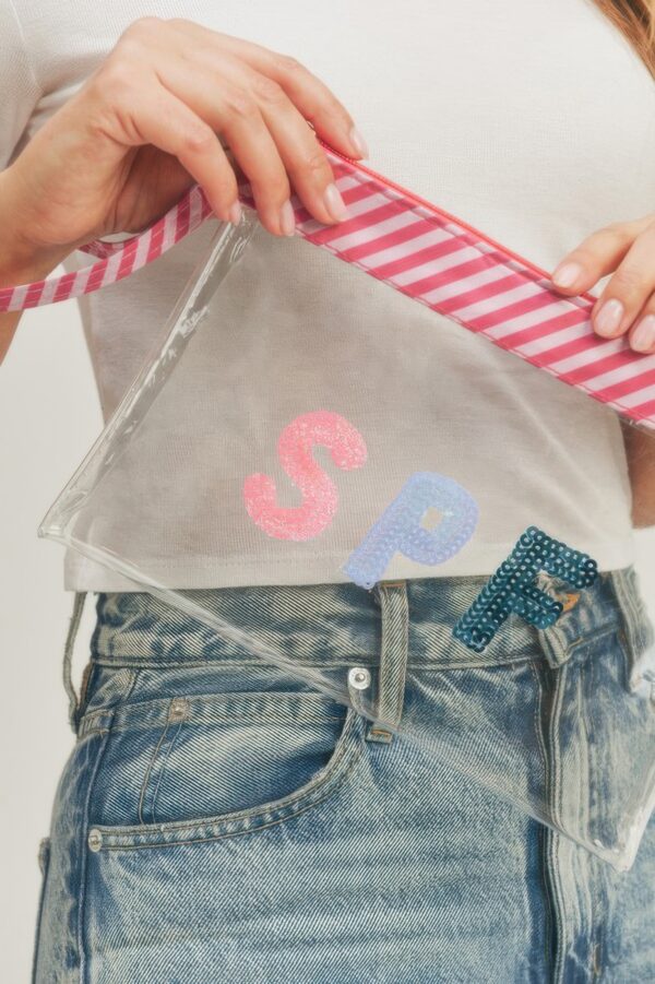 Clear Cosmetic Pouch with Sequin SPF Lettering & Wrist Strap