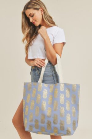 Gold Foil Pineapple Beach Bag – Cotton-Blend Tote