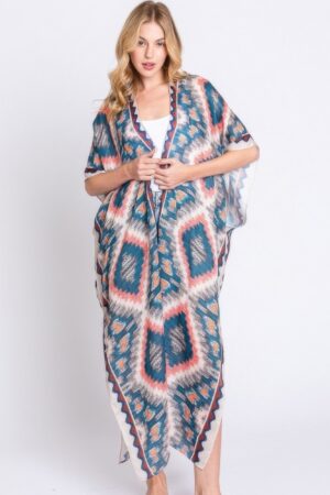 Aztec Print Open-Front Long Kimono