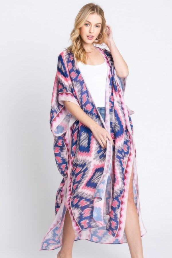 Aztec Print Open-Front Long Kimono