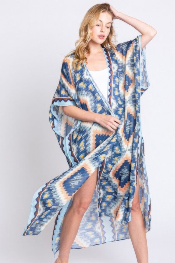 Aztec Print Open-Front Long Kimono
