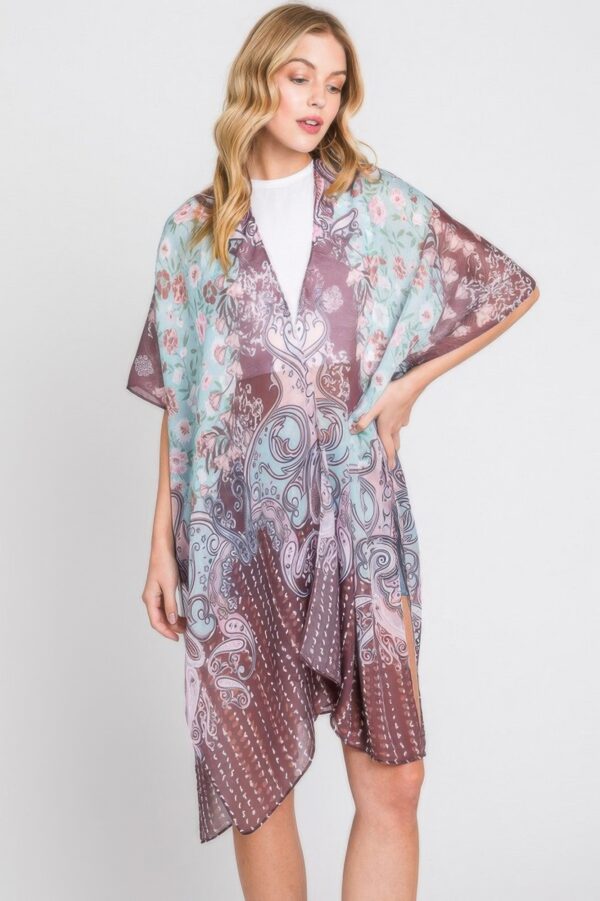 Abstract Paisley Flower Print Kimono Cover-Up