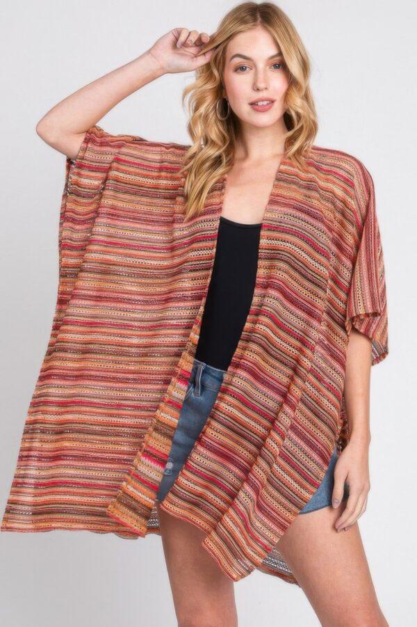 Multicolor Crochet Stripe Open-Front Beach Cover-Up