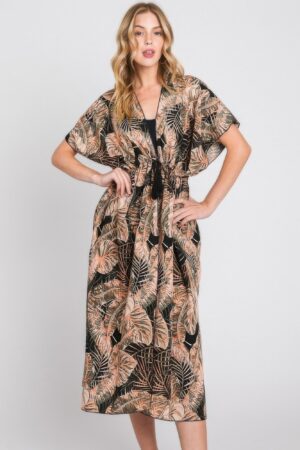 Tropical Leaves Self-Tie Drawstring Cover-Up