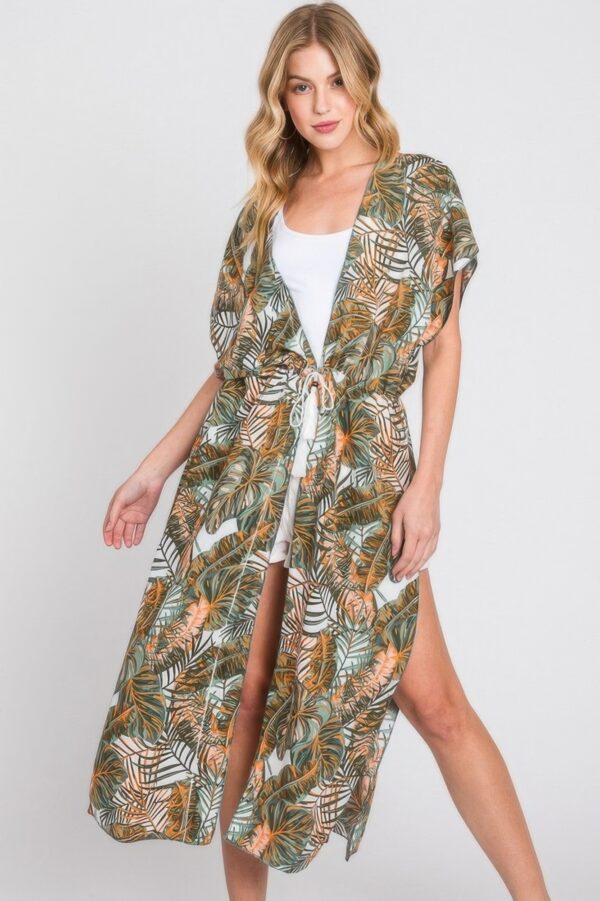 Tropical Leaves Self-Tie Drawstring Cover-Up