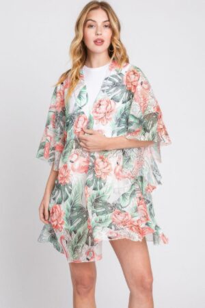 Ruffle-Lined Tropical Flamingo Open-Front Cover-Up