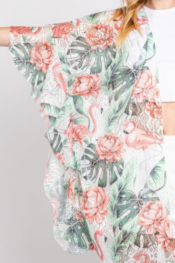 Ruffle-Lined Tropical Flamingo Open-Front Cover-Up