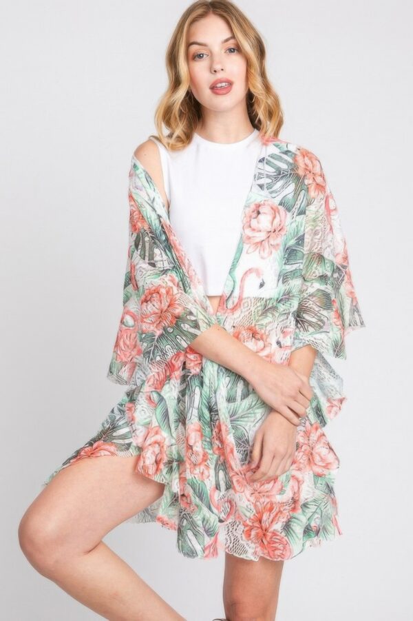 Ruffle-Lined Tropical Flamingo Open-Front Cover-Up