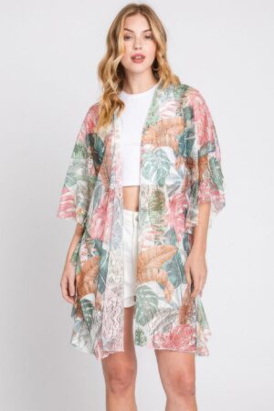 Ruffle-Trim Tropical Leaves Open-Front Cover-Up