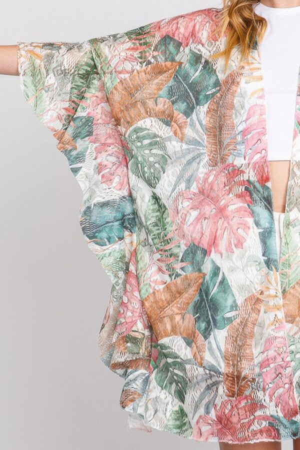 Ruffle-Trim Tropical Leaves Open-Front Cover-Up