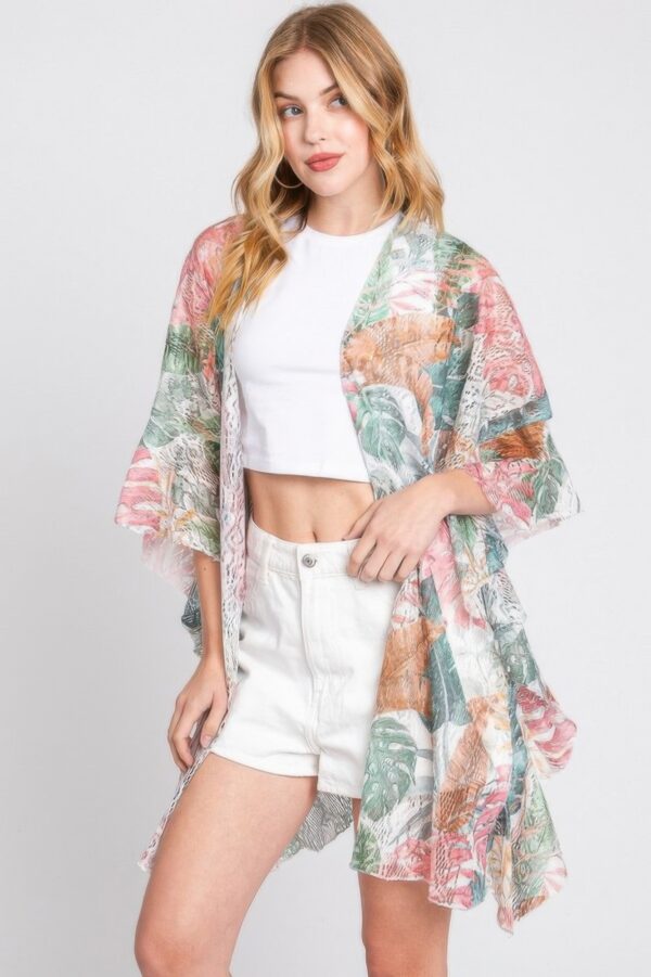 Ruffle-Trim Tropical Leaves Open-Front Cover-Up