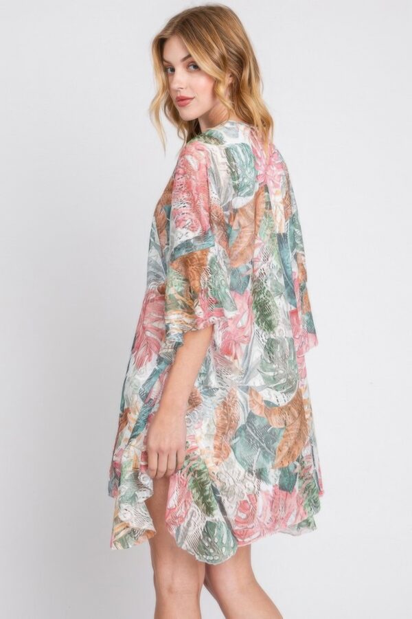 Ruffle-Trim Tropical Leaves Open-Front Cover-Up