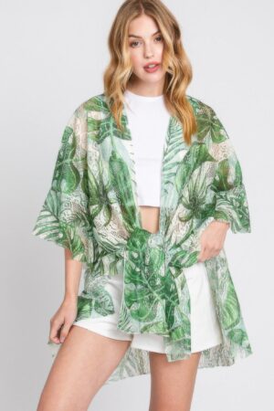 Tropical Leaves Ruffle Open-Front Cover-Up