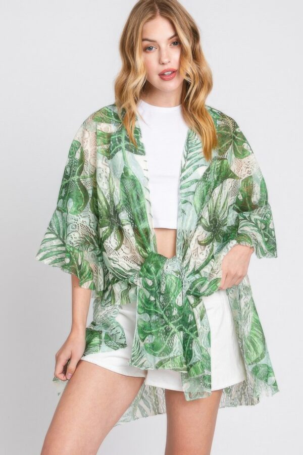 Tropical Leaves Ruffle Open-Front Cover-Up