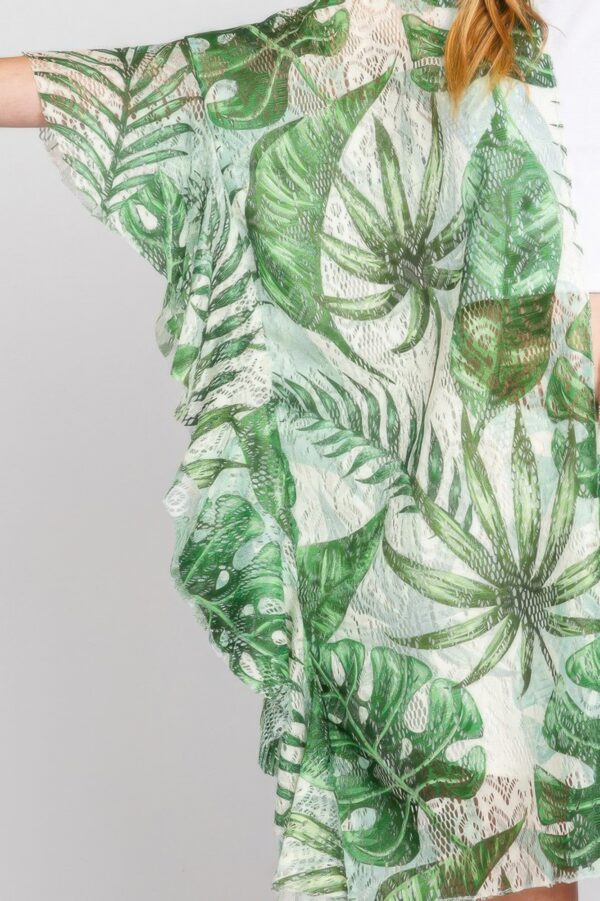 Tropical Leaves Ruffle Open-Front Cover-Up