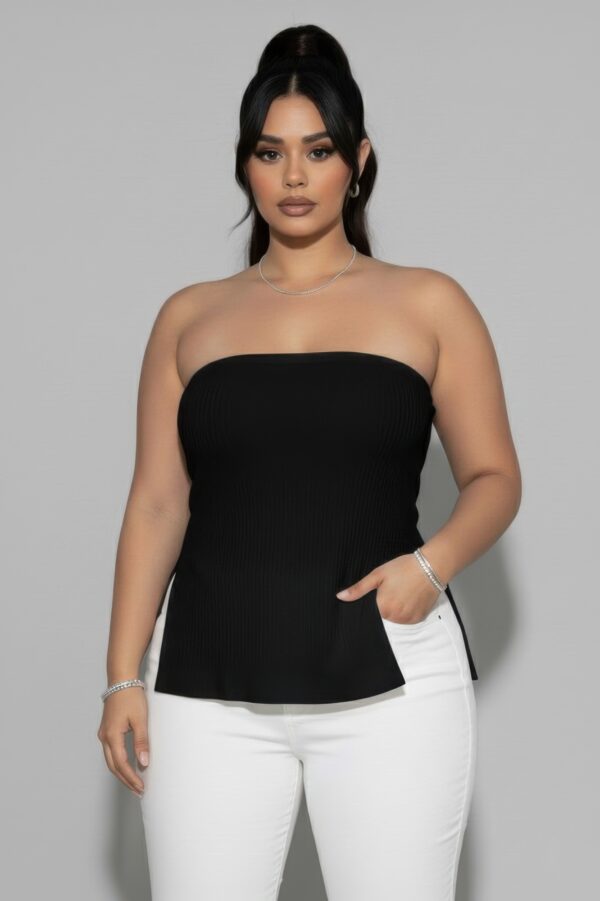 Plus Strapless Ribbed Flare Top with Side Slits
