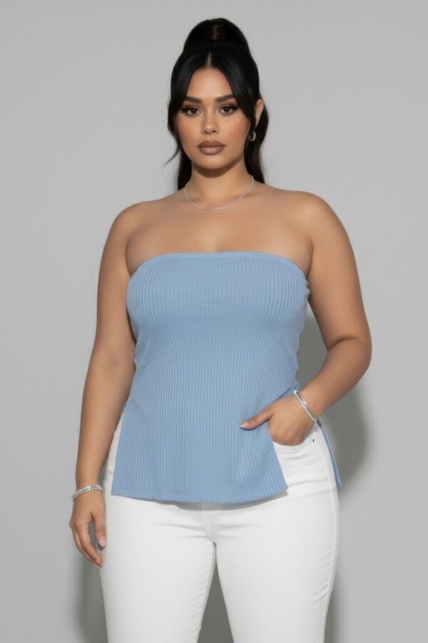 Plus Strapless Ribbed Flare Top with Side Slits