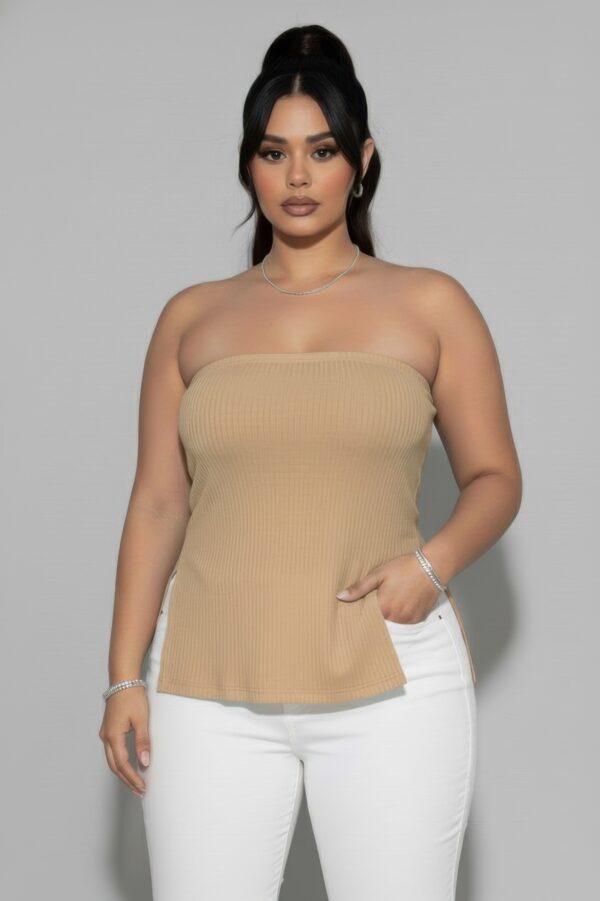 Plus Strapless Ribbed Flare Top with Side Slits